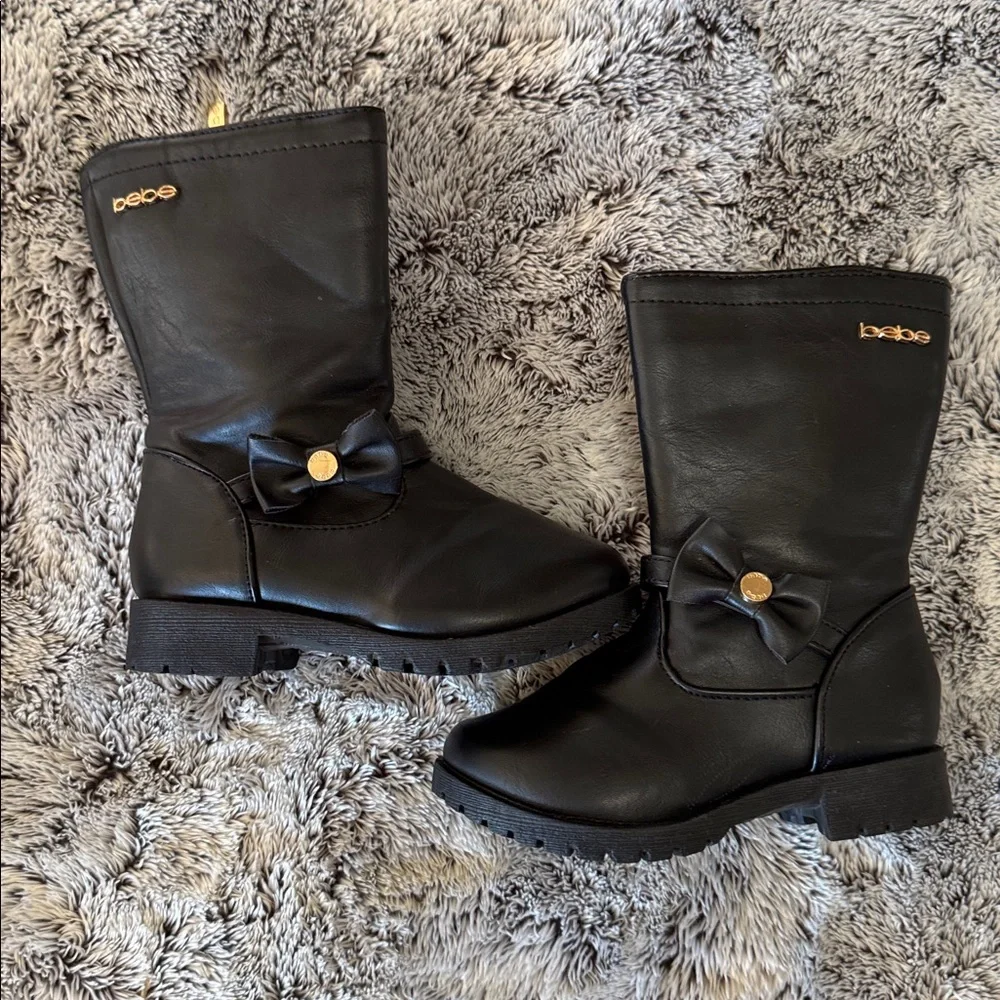 NWOT Bebe Girls Toddler 8 Black Gold Zipper Riding Boots Winter Bow Faux Leather